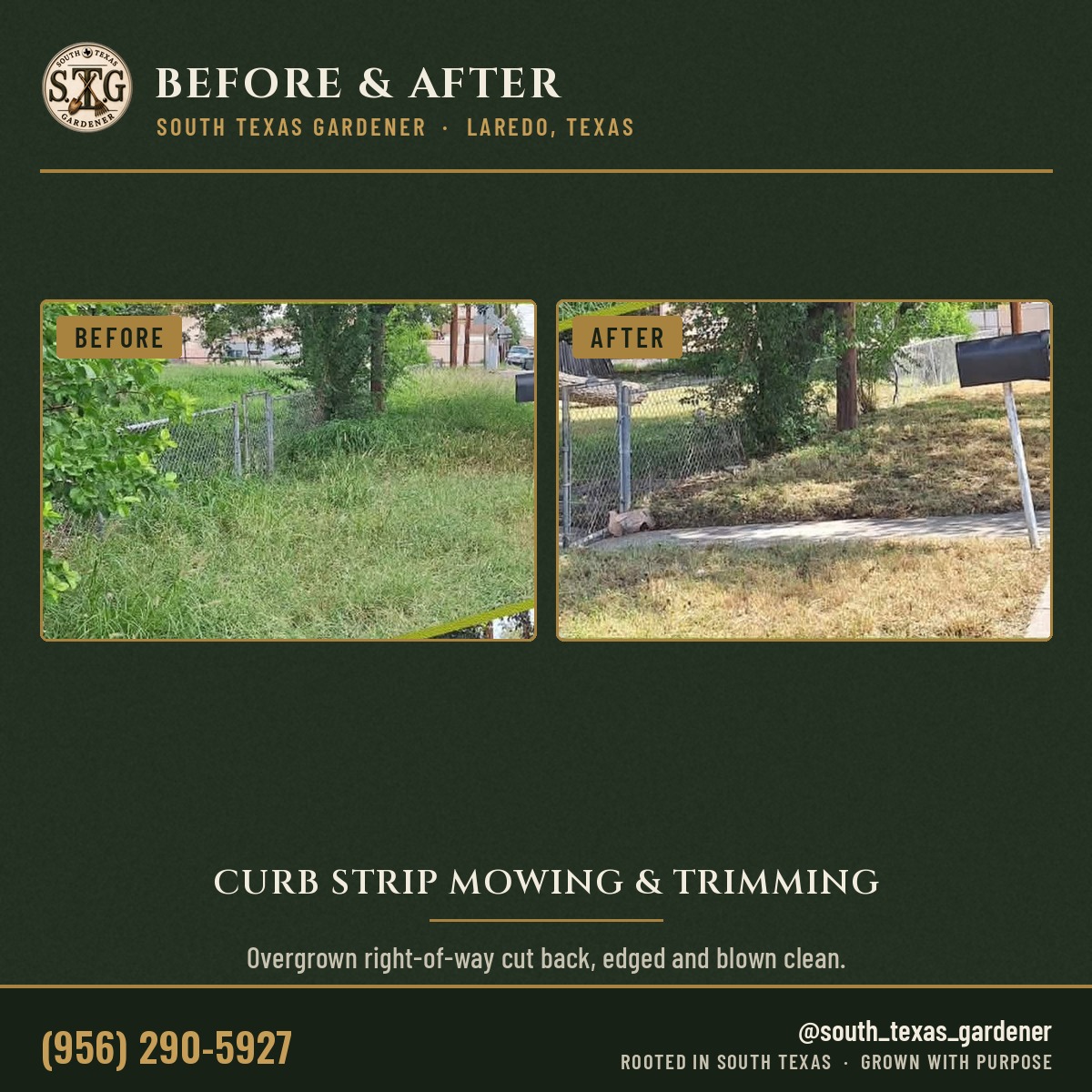 Curb strip mowing and trimming in Laredo, before and after