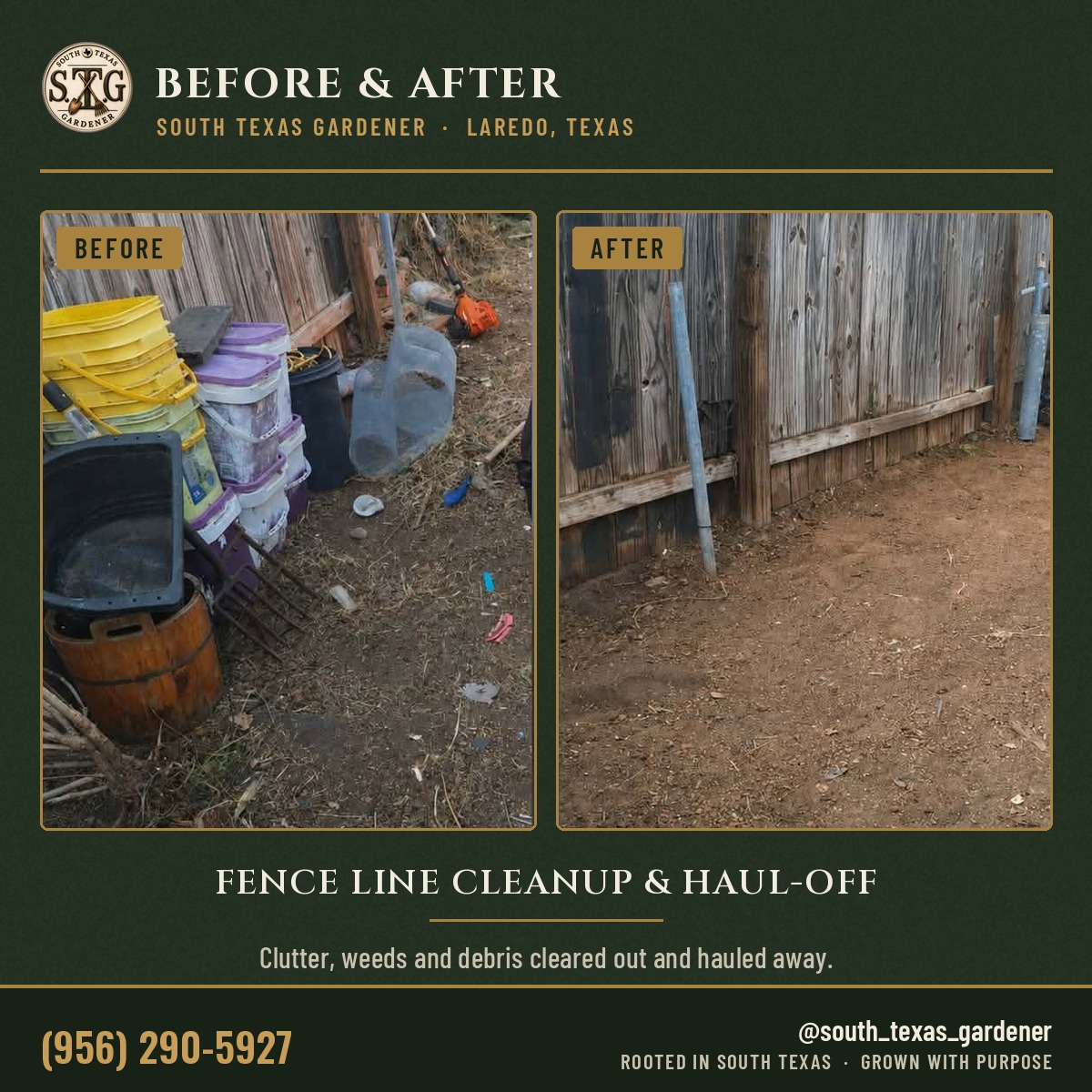 Fence line cleanup and haul-off in Laredo, before and after